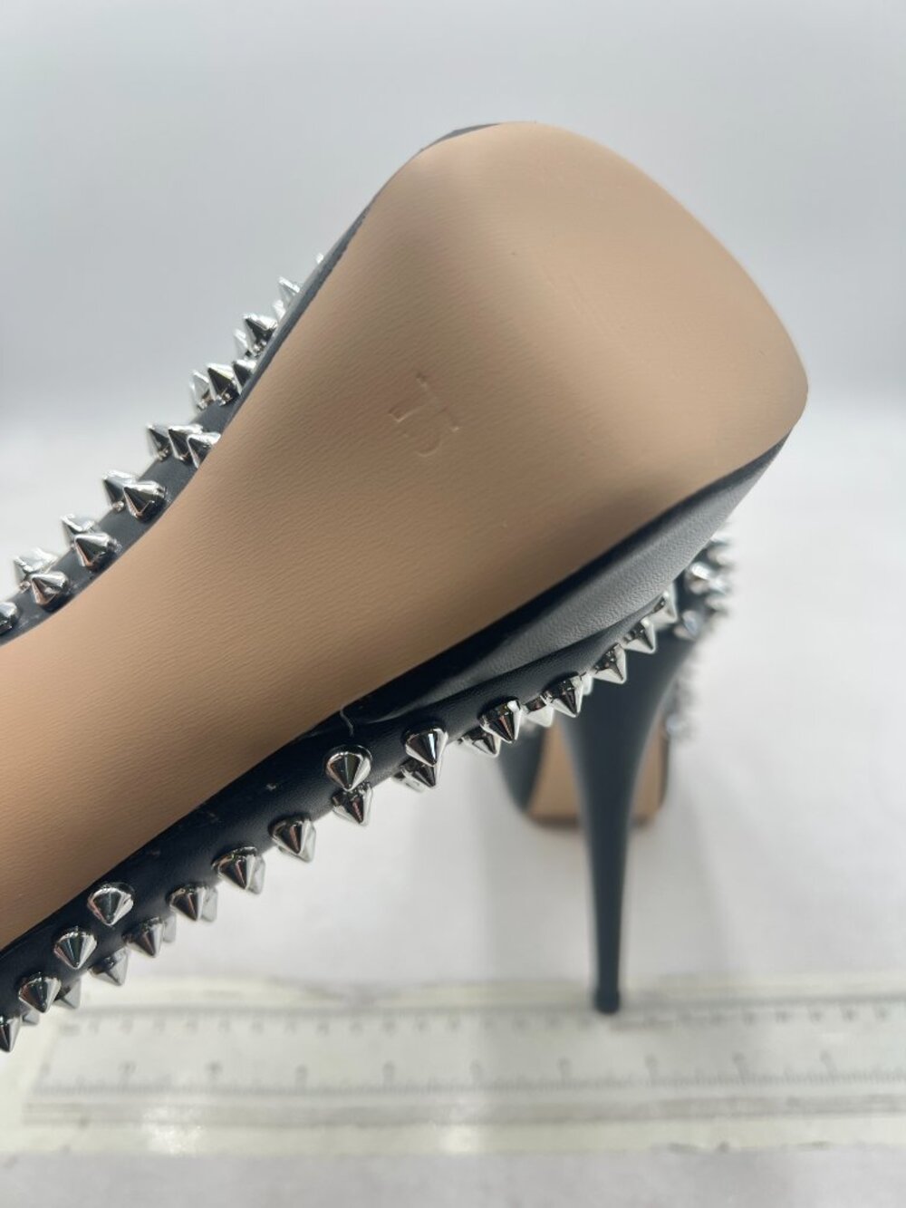 FSJ Black Silver Rivets Platform Heel Peep Toe High Stiletto Heel Slip On Pumps - Picture 6 of 8